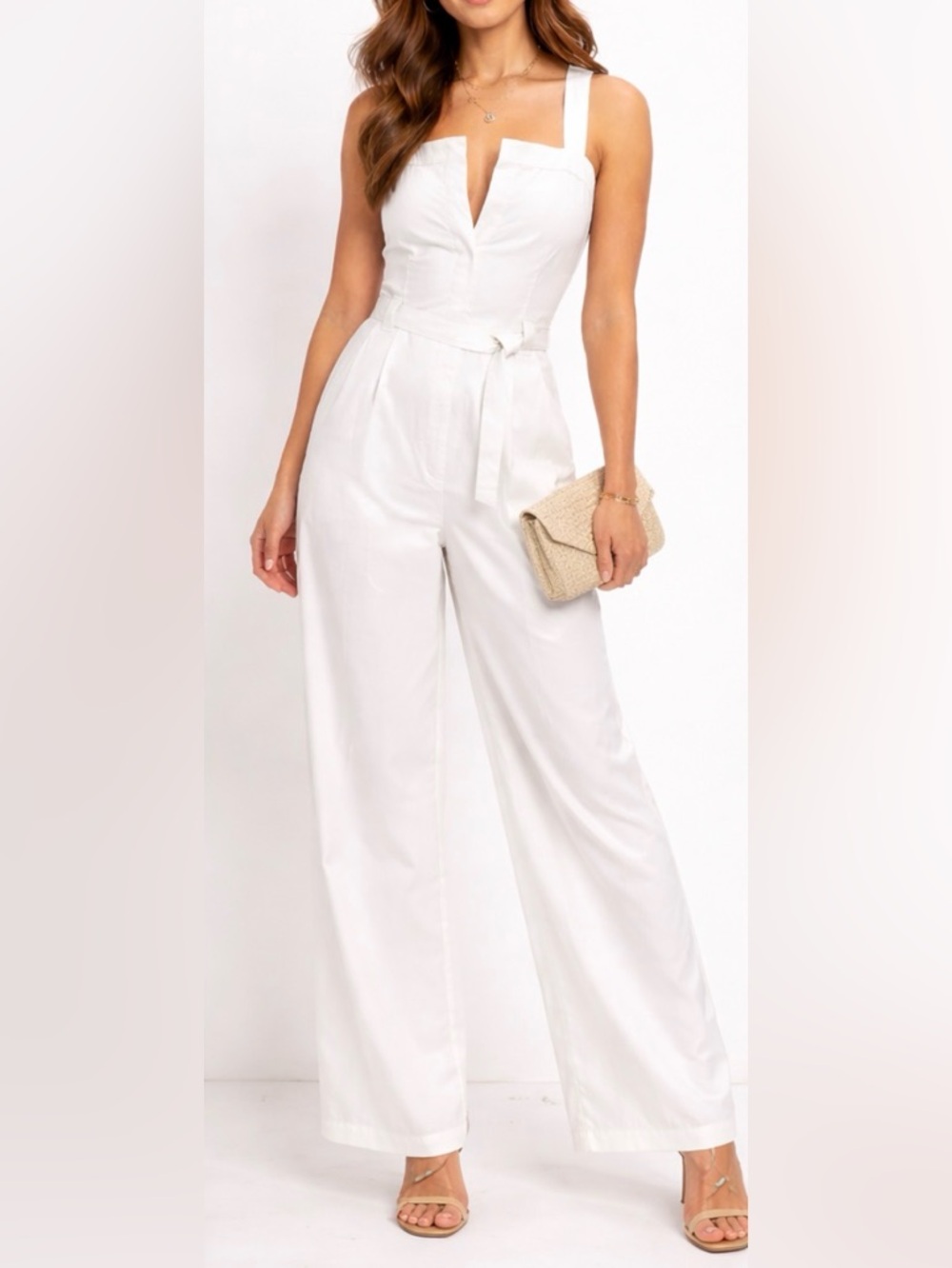 White Women's Sleeveless Jumpsuit with Belt